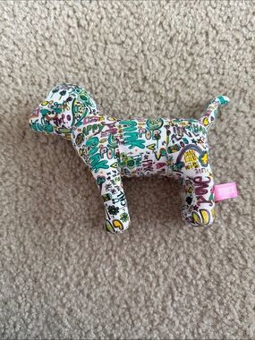 PINK Victoria's Secret White Plush Dog Toy with Multicolor Doodle Print